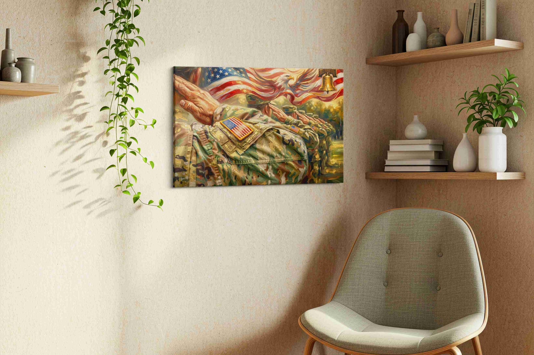 Eagle's Valor patriotic canvas print, displayed in a living room
