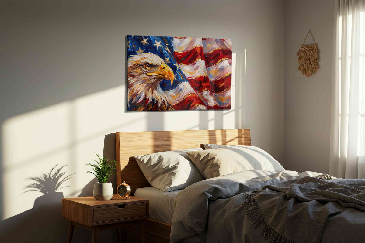 Majestic Freedom's Gaze patriotic canvas print, displayed in a bedroom
