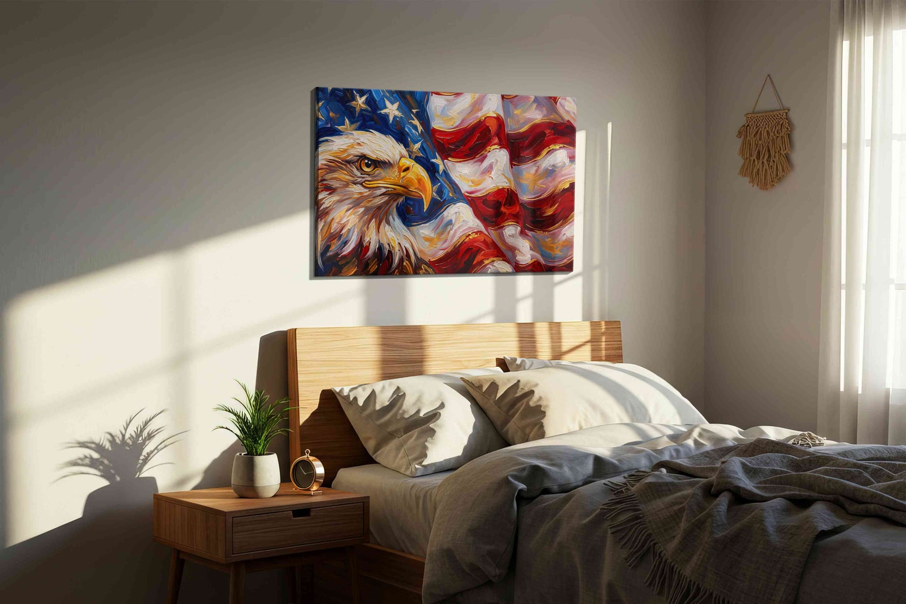 Majestic Freedom's Gaze patriotic canvas print, displayed in a bedroom