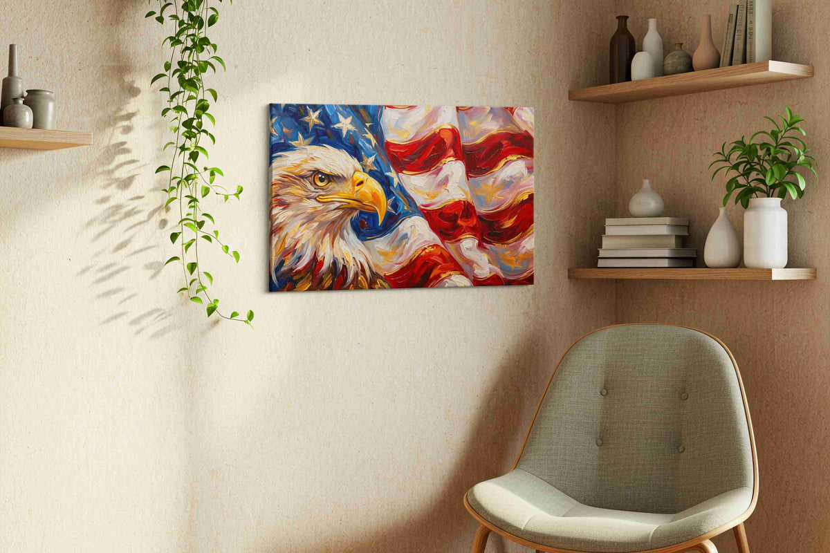 Majestic Freedom's Gaze patriotic canvas print styled in a living room