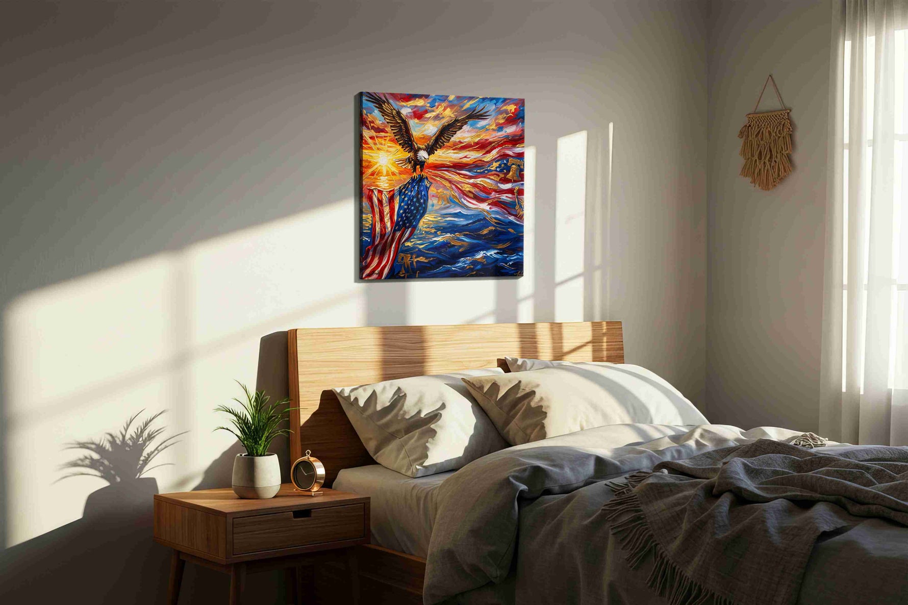Soaring Freedom's Radiance patriotic canvas print, displayed in a bedroom