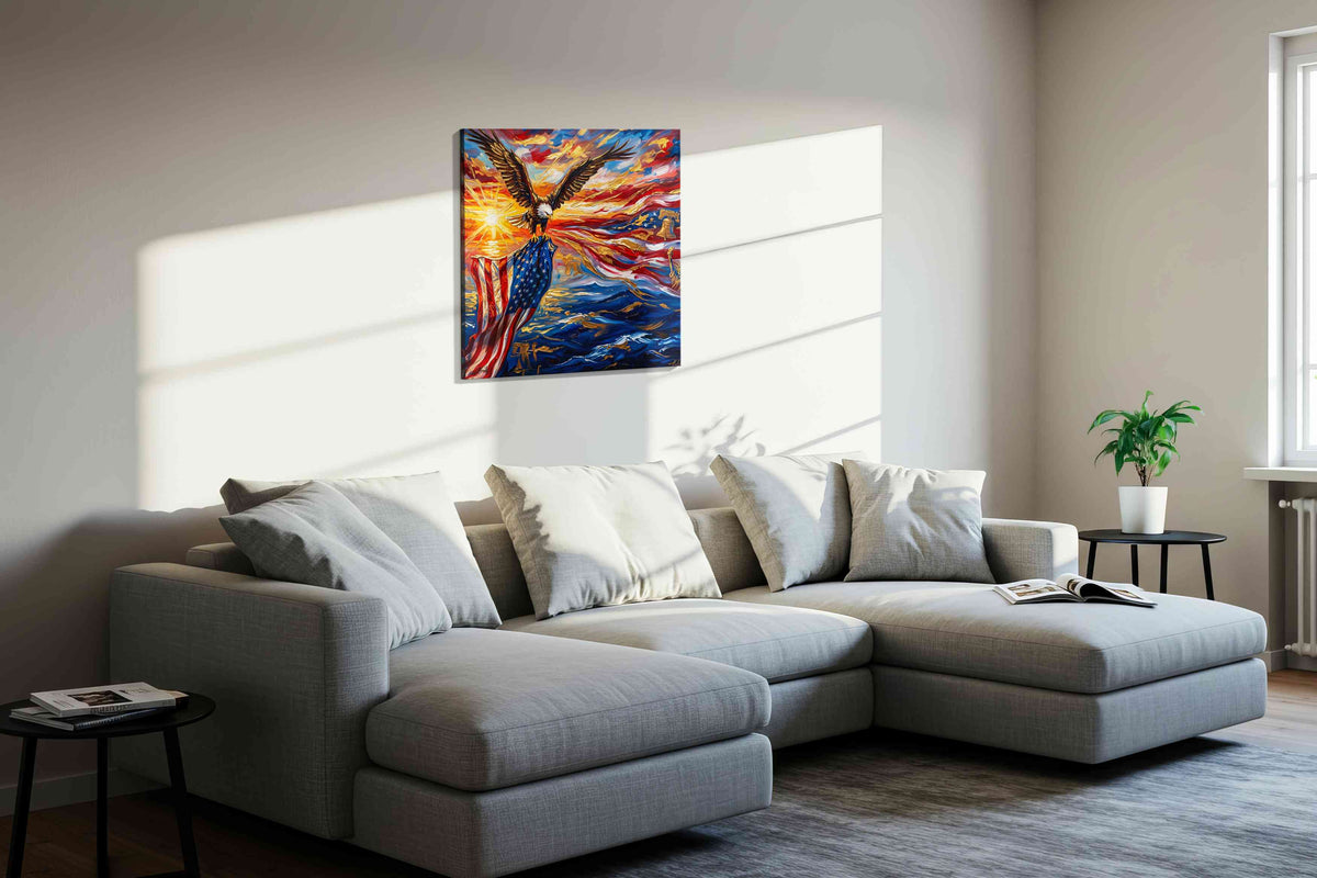 Soaring Freedom's Radiance patriotic canvas print, displayed in a living room