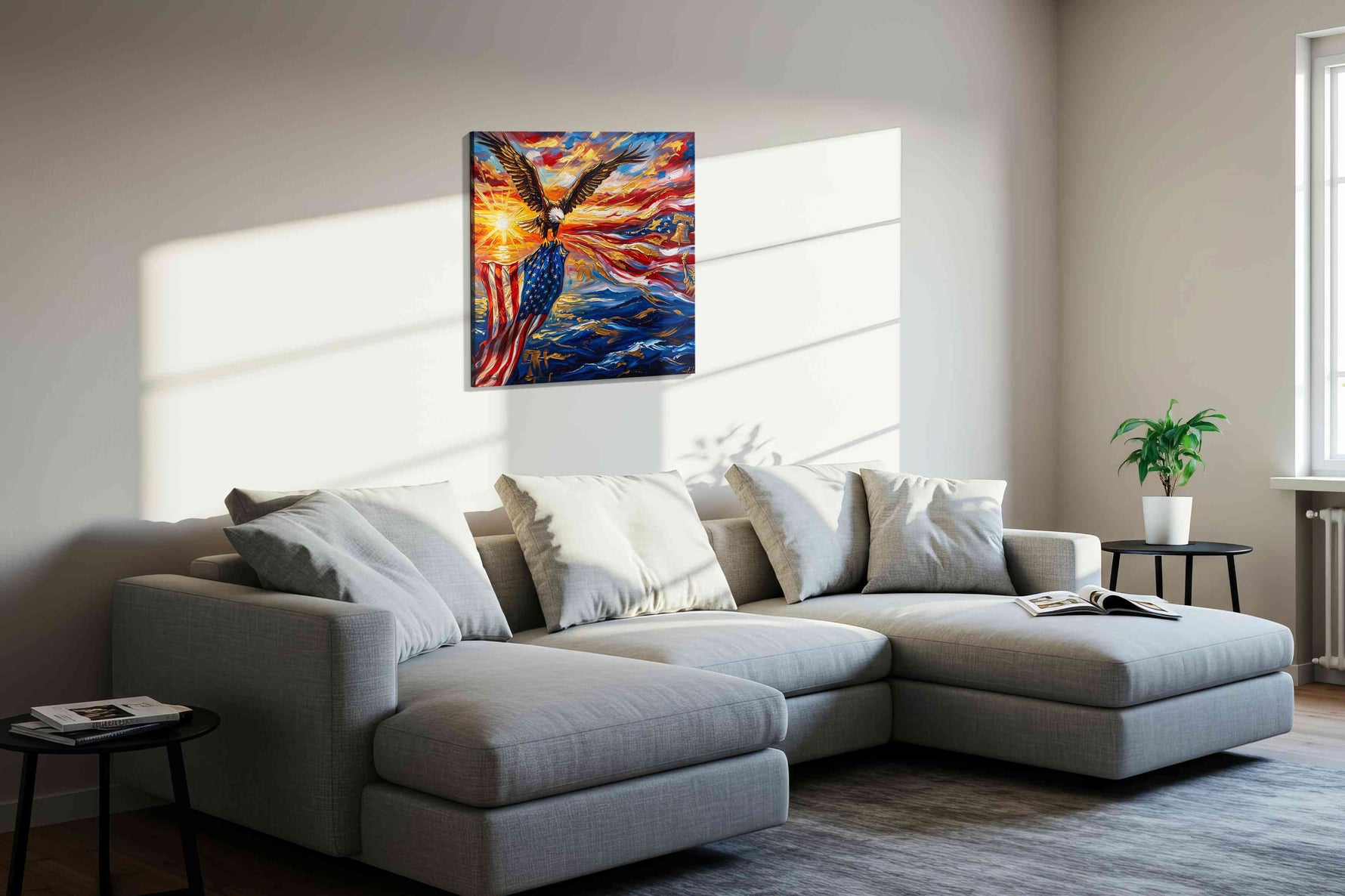 Soaring Freedom's Radiance patriotic canvas print, displayed in a living room