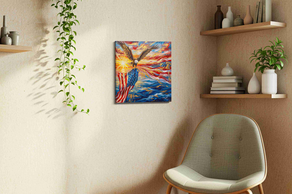 Soaring Freedom's Radiance patriotic canvas print styled in a living room