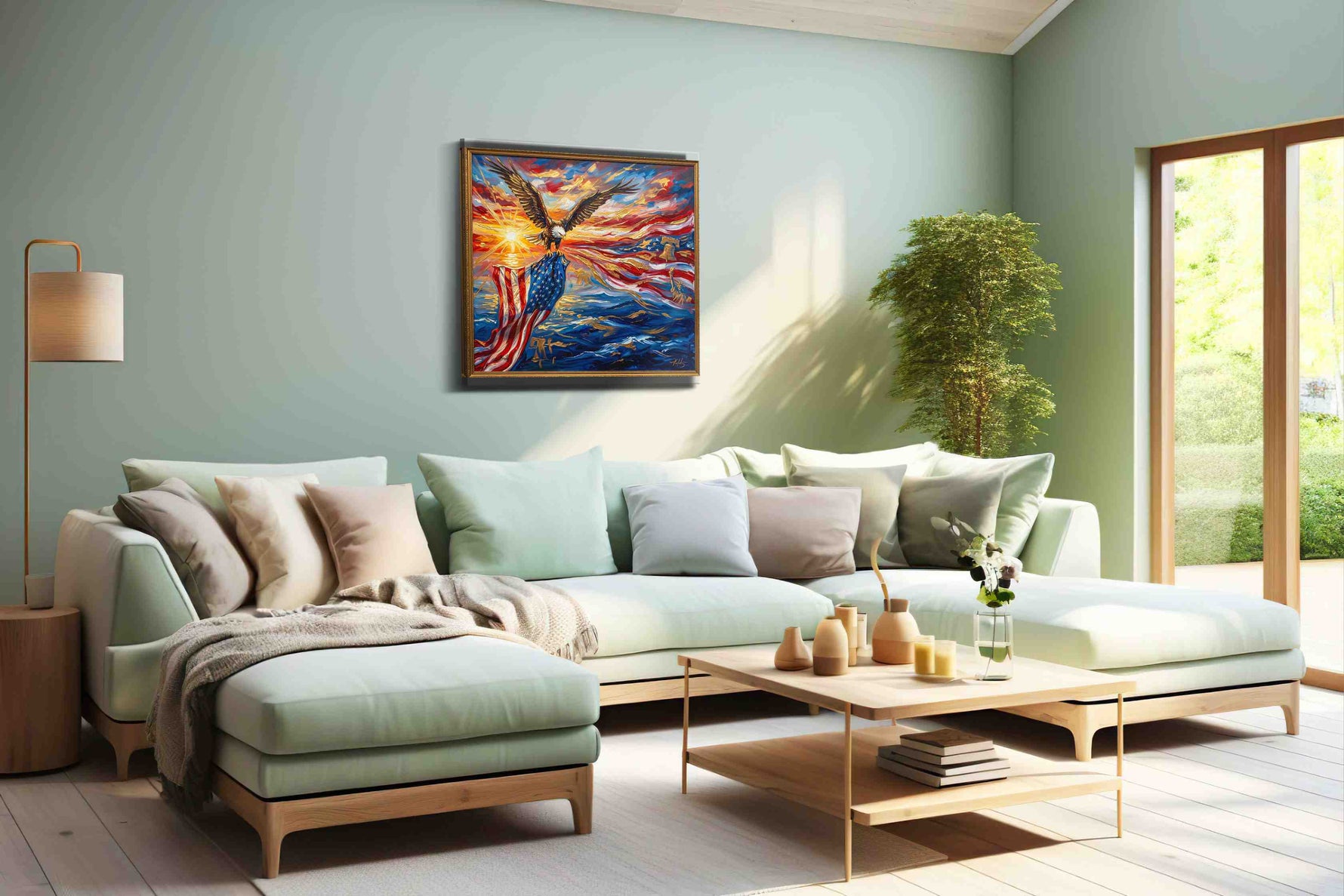 Soaring Freedom's Radiance patriotic canvas print, hanging on wall