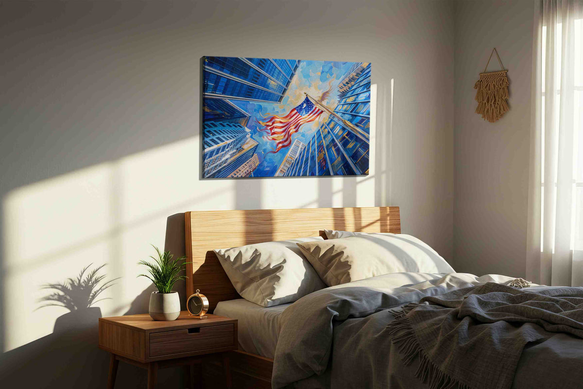 Urban Skies of Independence patriotic canvas print, displayed in a bedroom