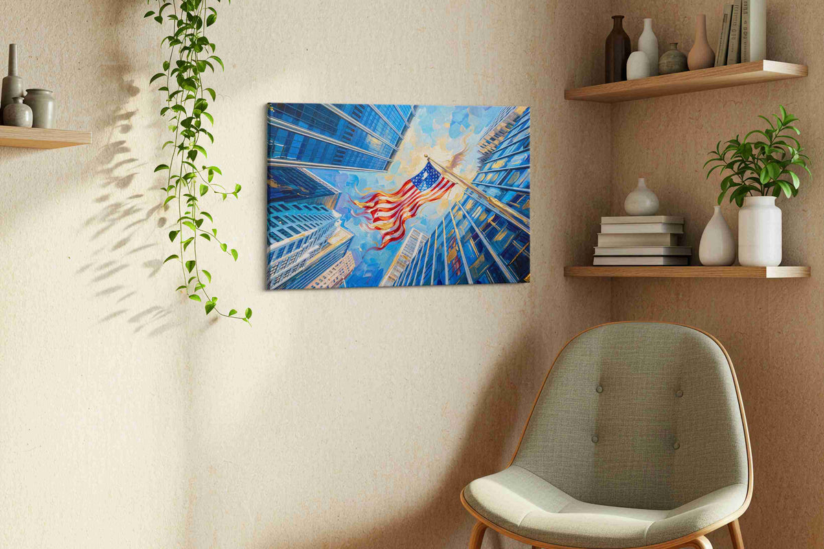 Urban Skies of Independence patriotic canvas print, hanging on wall — view 4