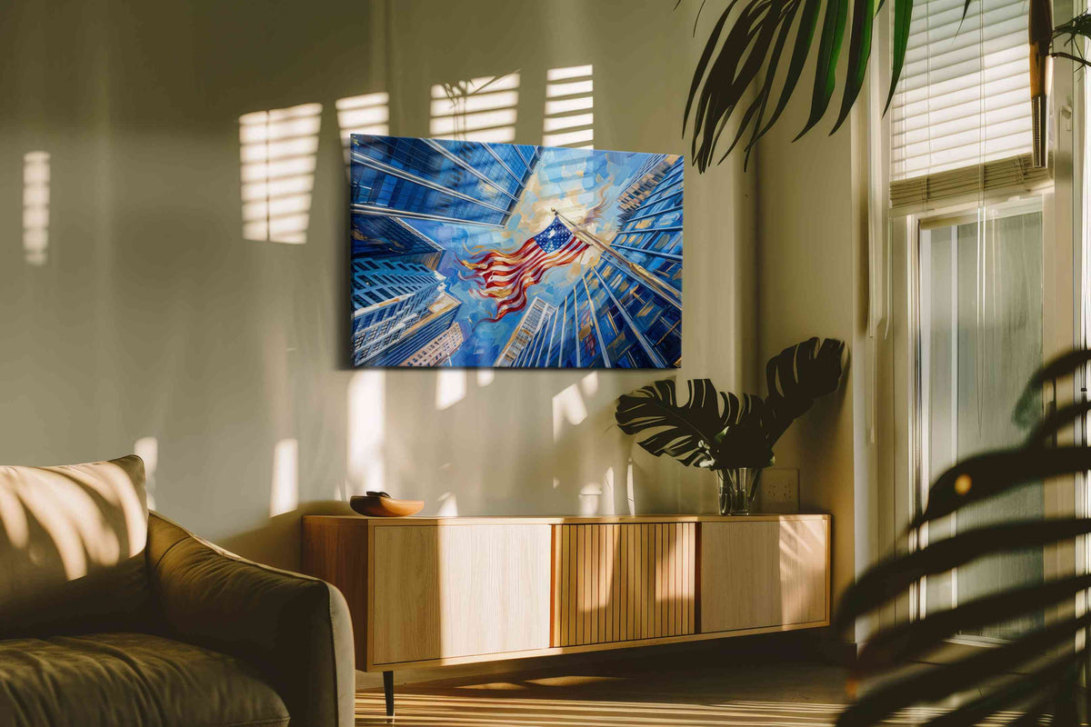 Urban Skies of Independence patriotic canvas print, hanging on wall — in a hung canvas mockup