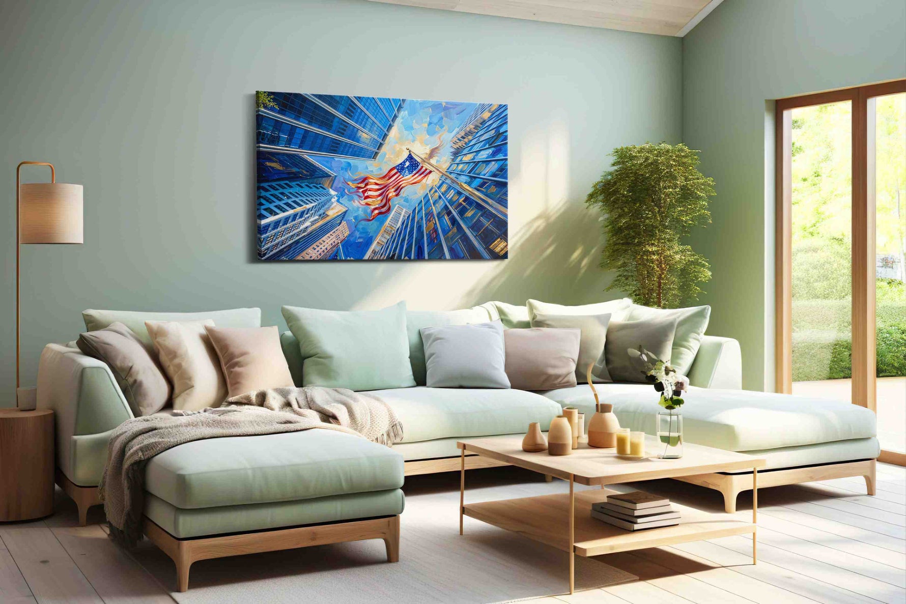 Urban Skies of Independence patriotic canvas print, hanging on wall