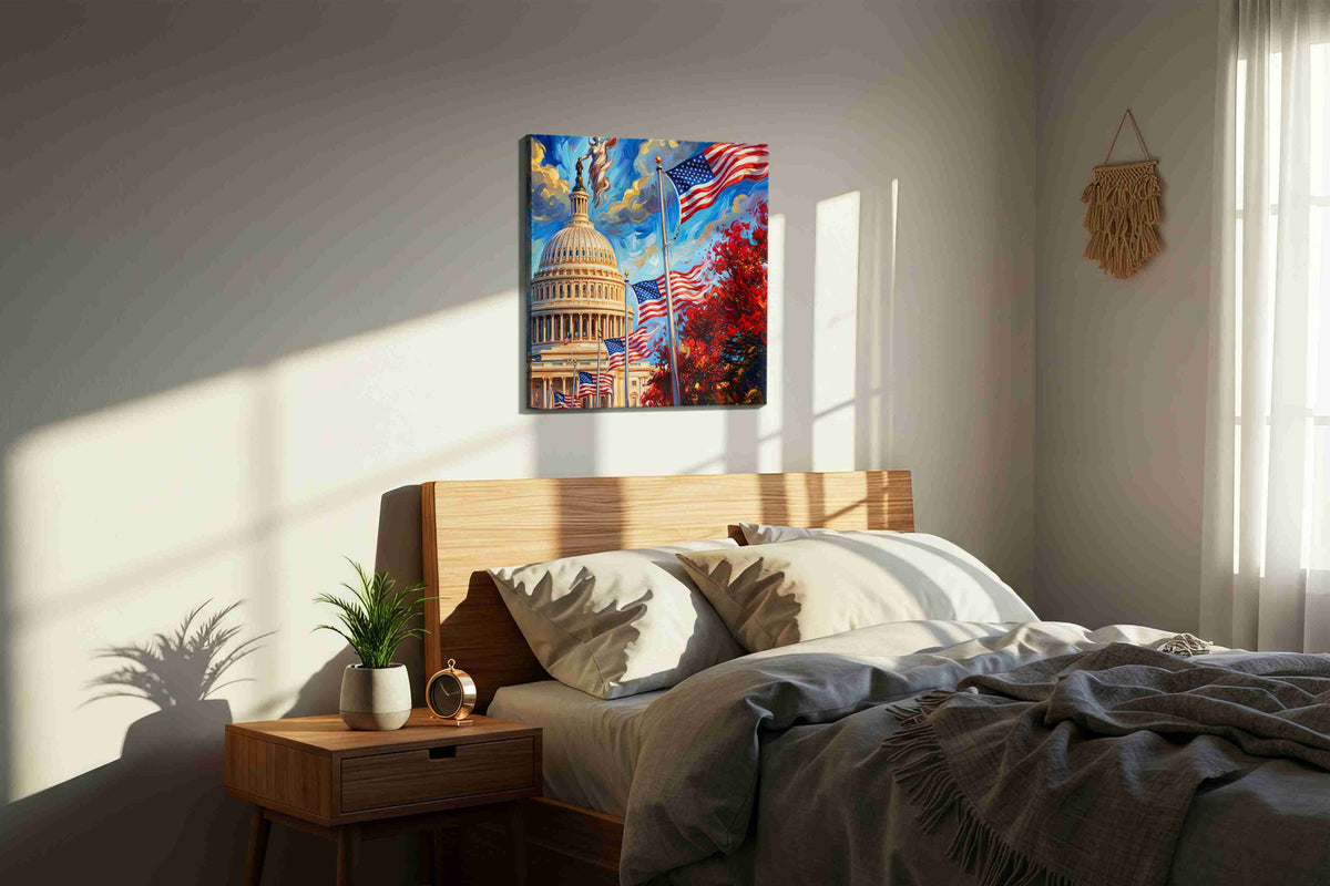 Whispers of Liberty patriotic canvas print, displayed in a bedroom