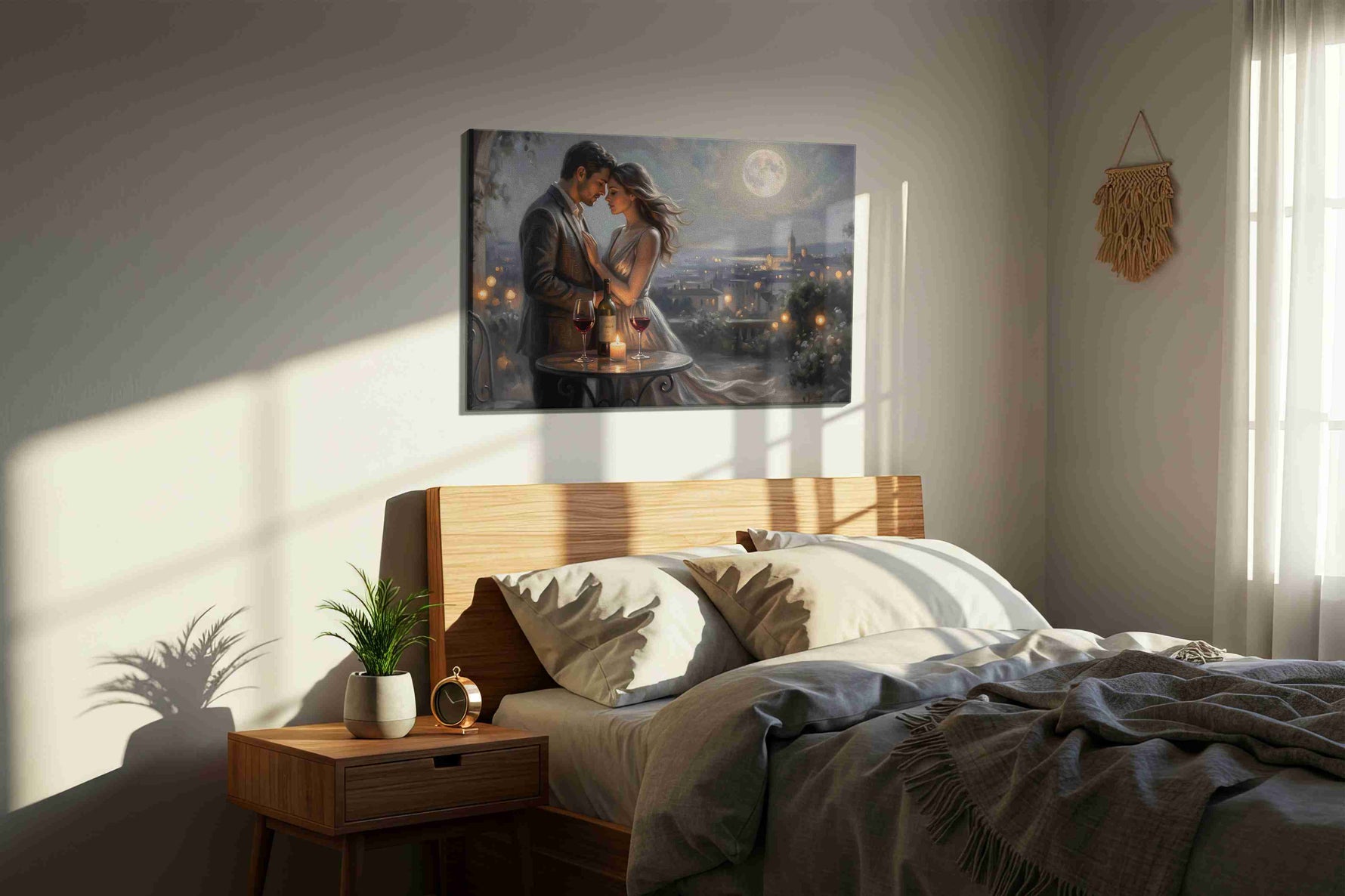 Moonlit Serenade romance canvas print, displayed in a bedroom