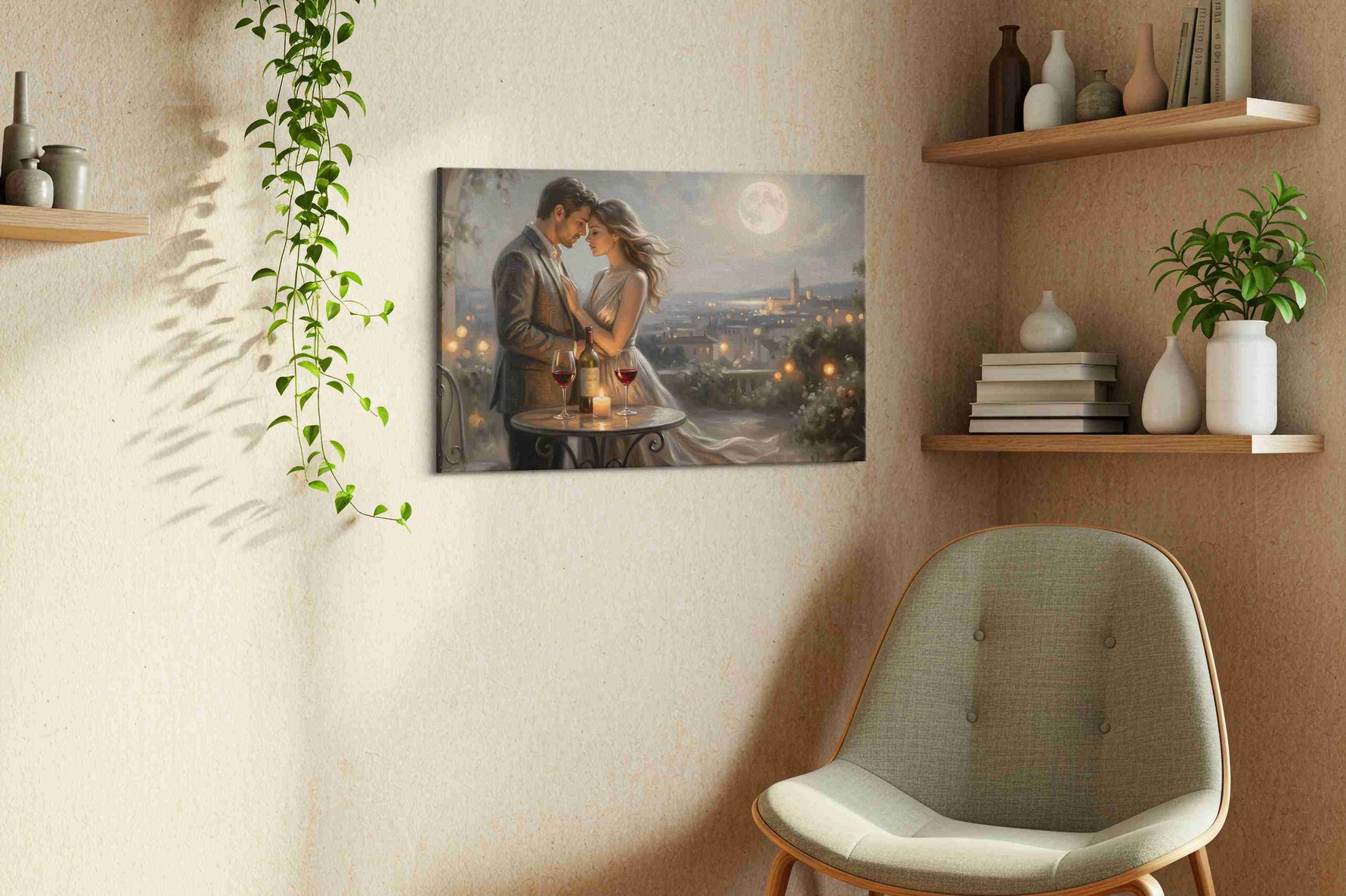 Moonlit Serenade romance canvas print, displayed in a living room