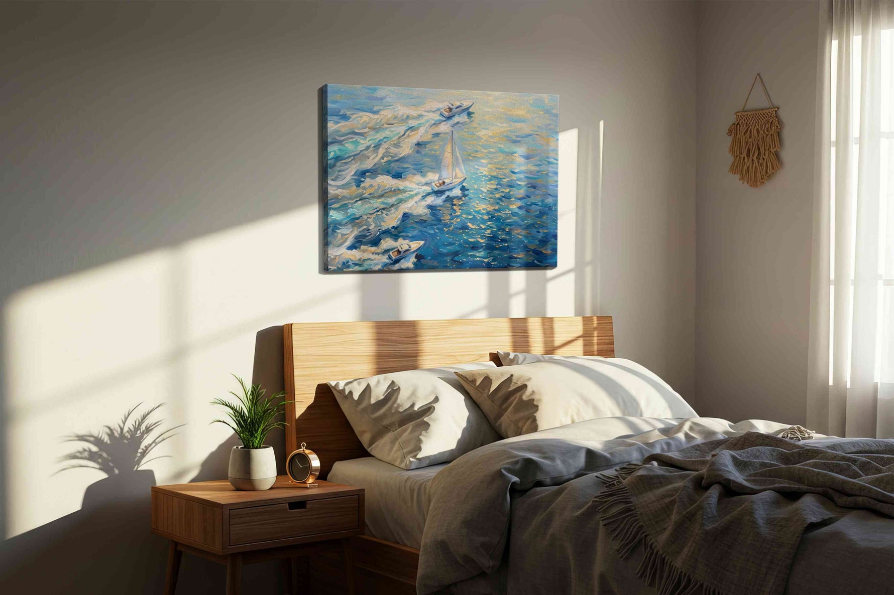 Chasing the Horizon sailing canvas print, displayed in a bedroom