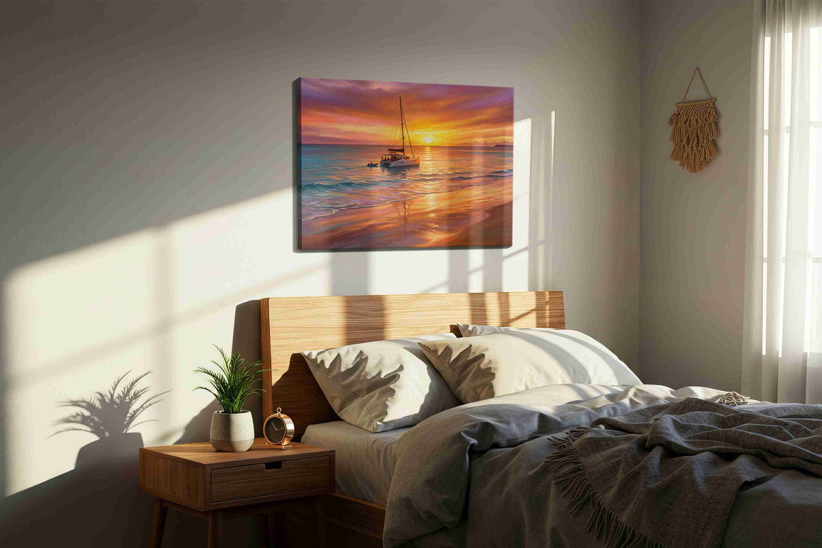 Sailing into Sunset Serenity beach canvas print, displayed in a bedroom