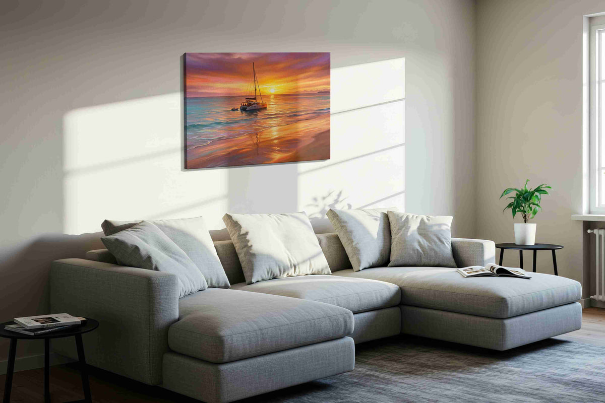 Sailing into Sunset Serenity beach canvas print, displayed in a living room