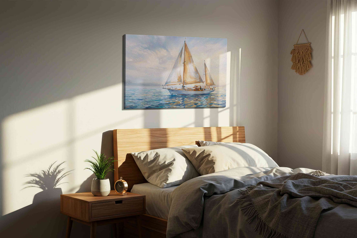 Serenity Sails at Dawn sailing canvas print, displayed in a bedroom