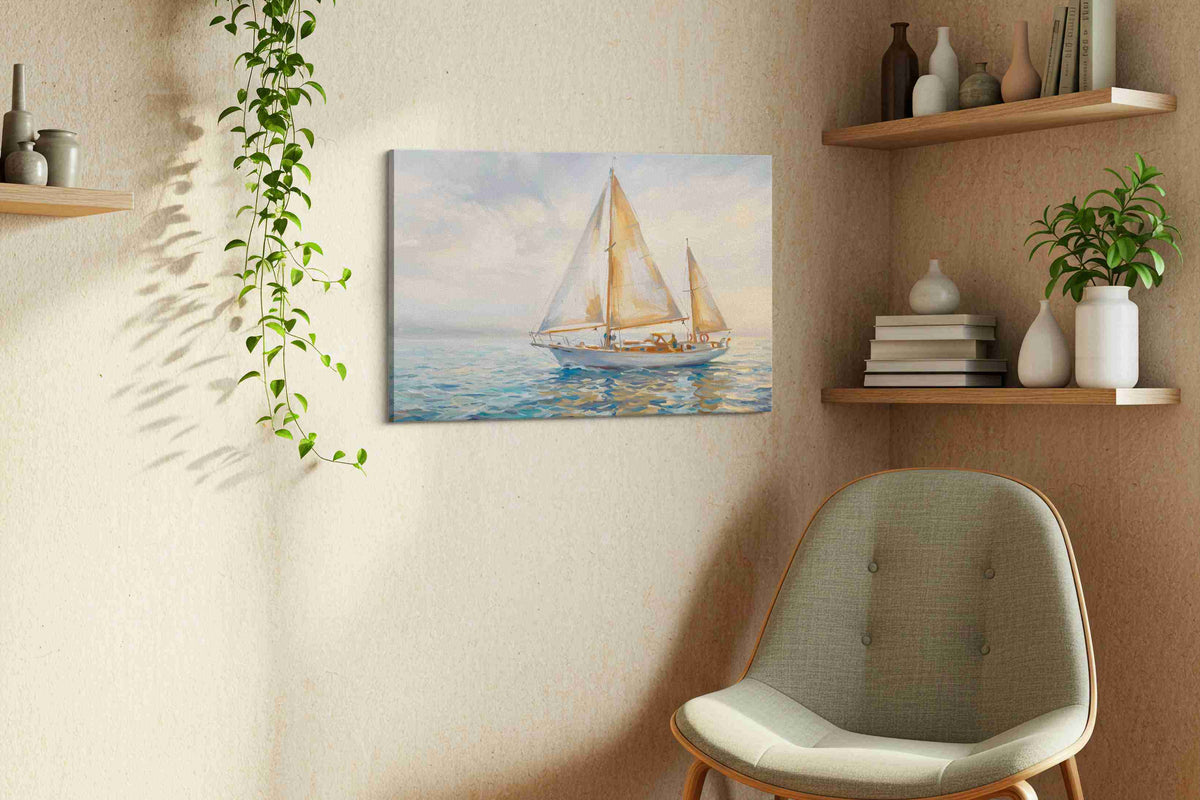 Serenity Sails at Dawn sailing canvas print styled in a living room