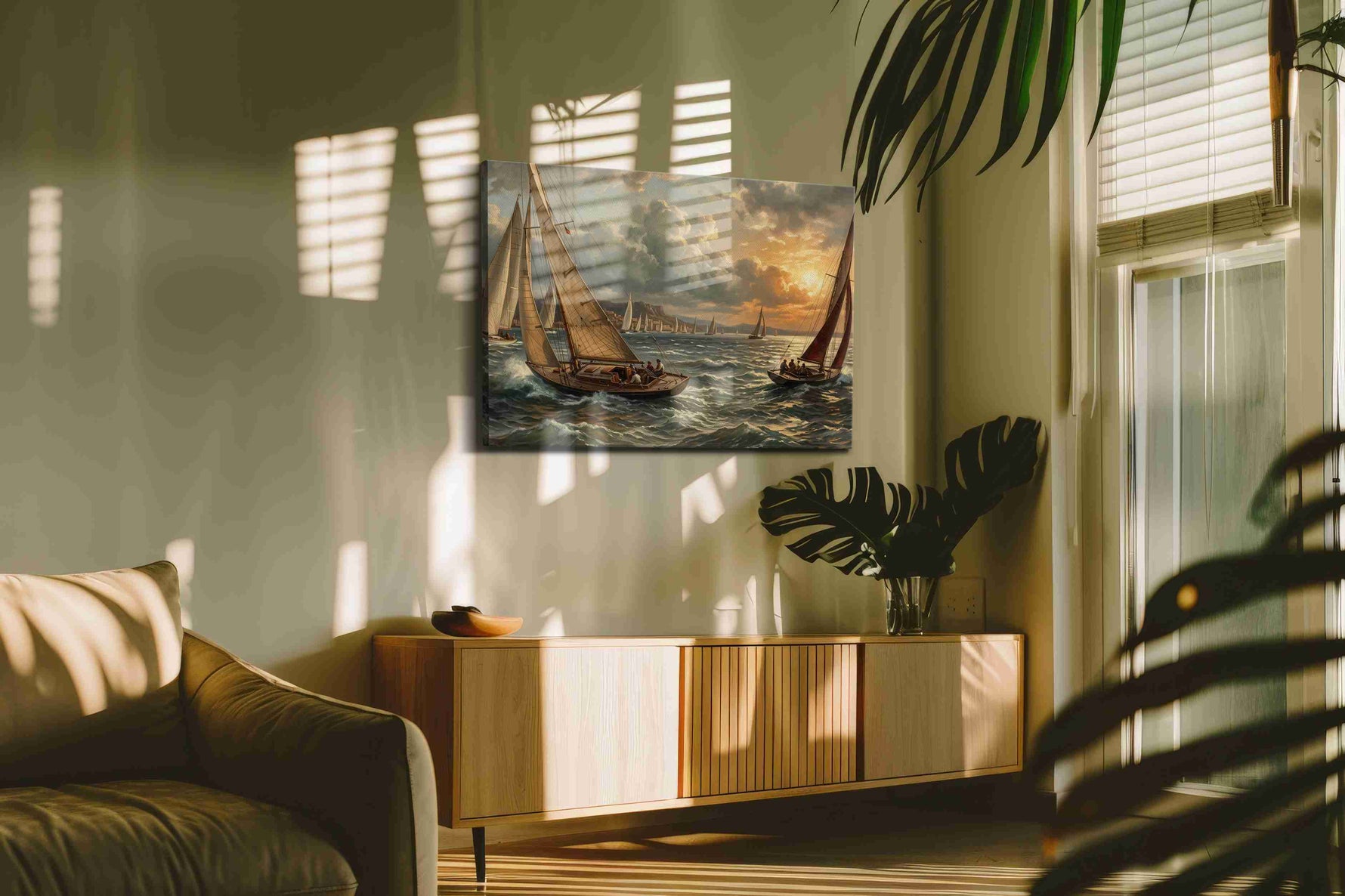 Sunset Regatta Serenity sailing canvas print in a hung canvas mockup