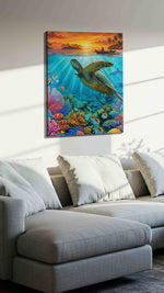 Ocean Symphony at Sunset sealife canvas print, displayed in a living room