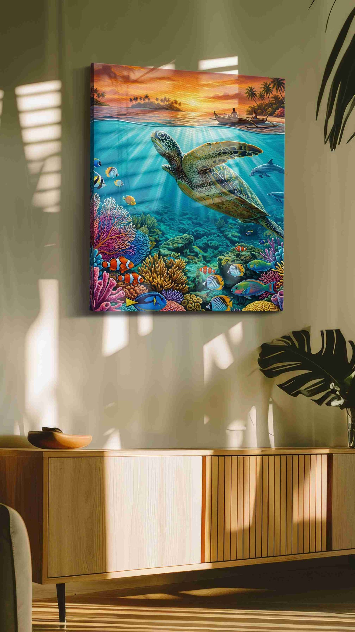 Ocean Symphony at Sunset sealife canvas print in a hung canvas mockup