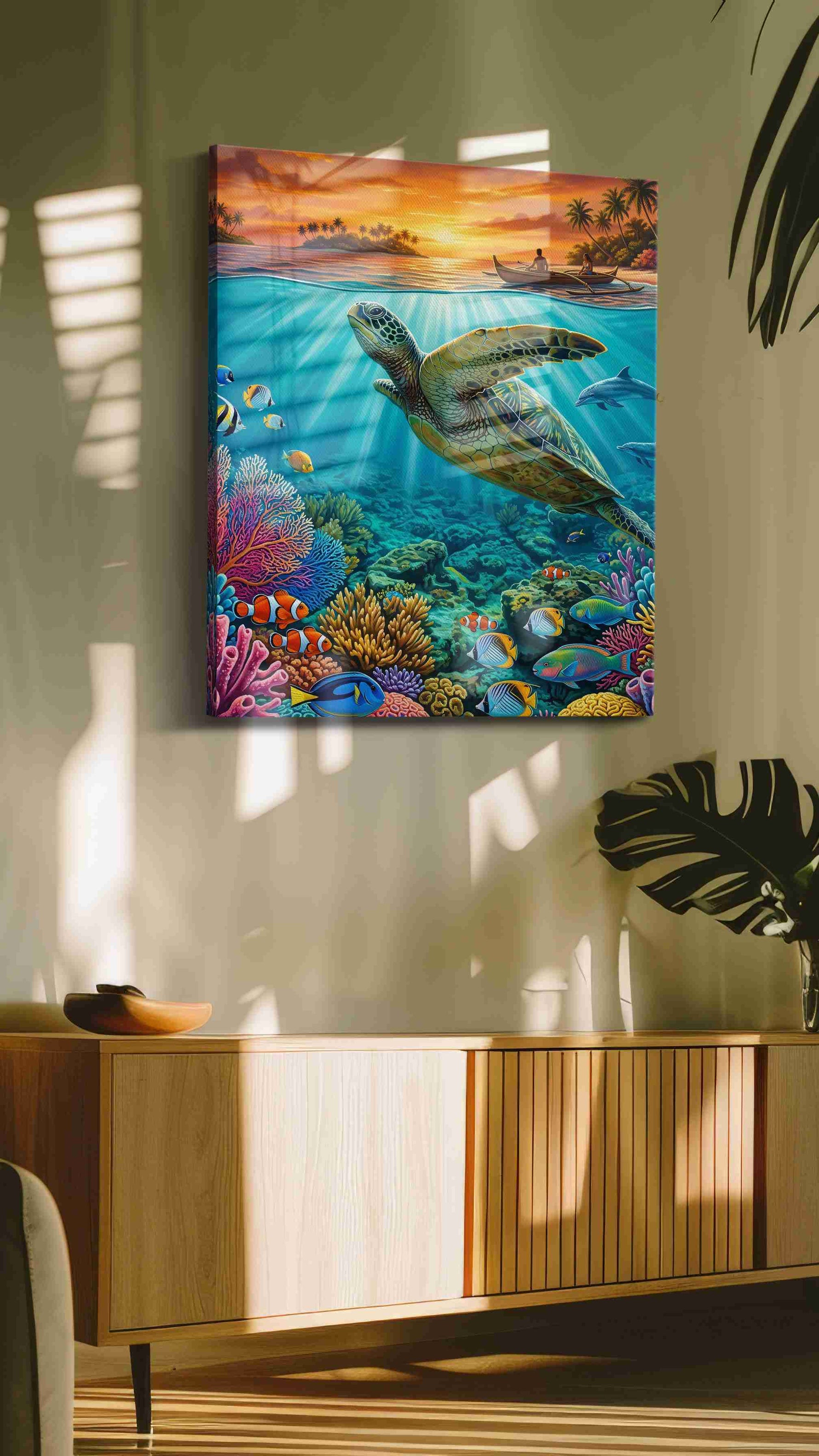 Ocean Symphony at Sunset sealife canvas print in a hung canvas mockup