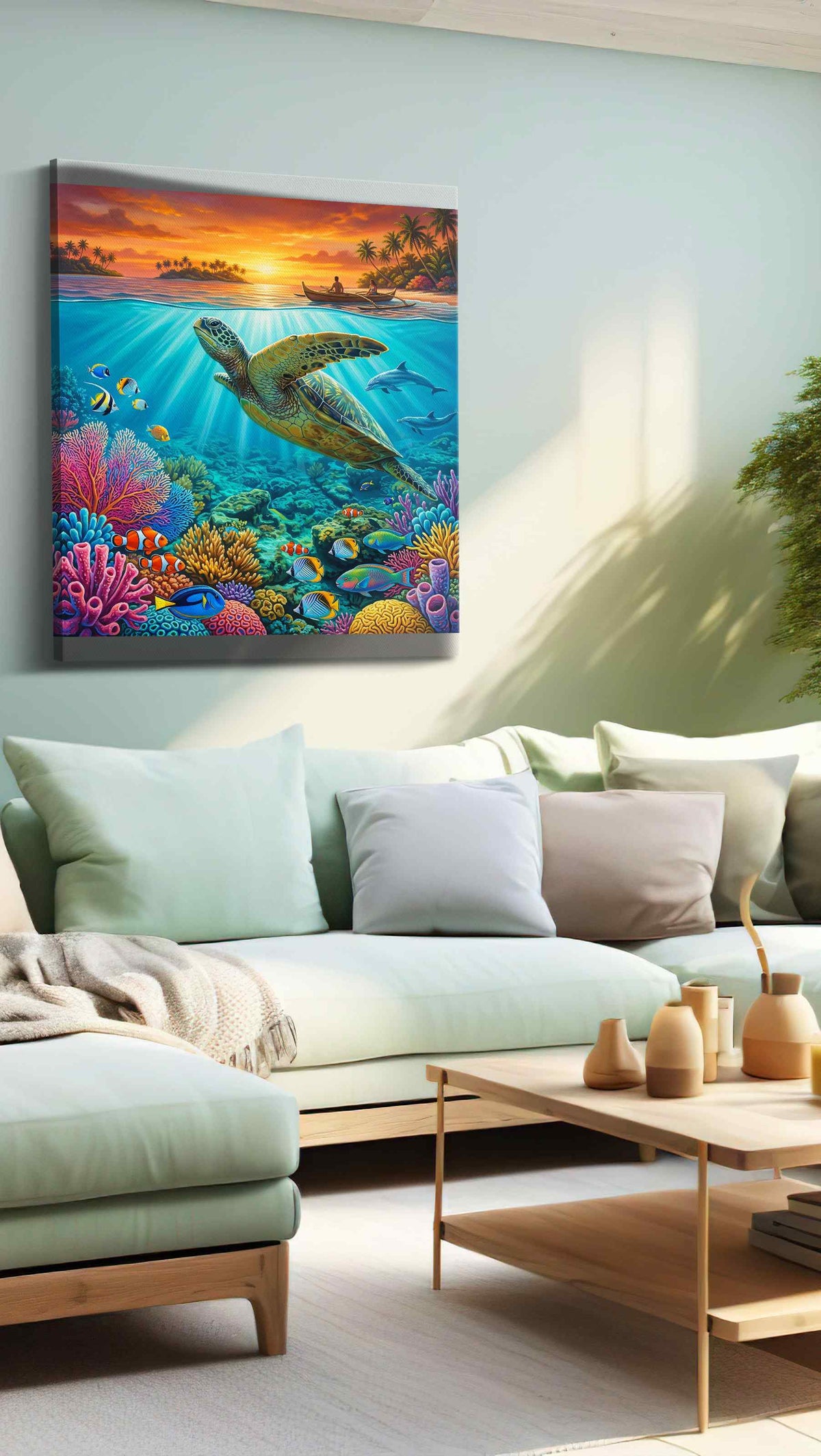 Ocean Symphony at Sunset sealife canvas print, hanging on wall