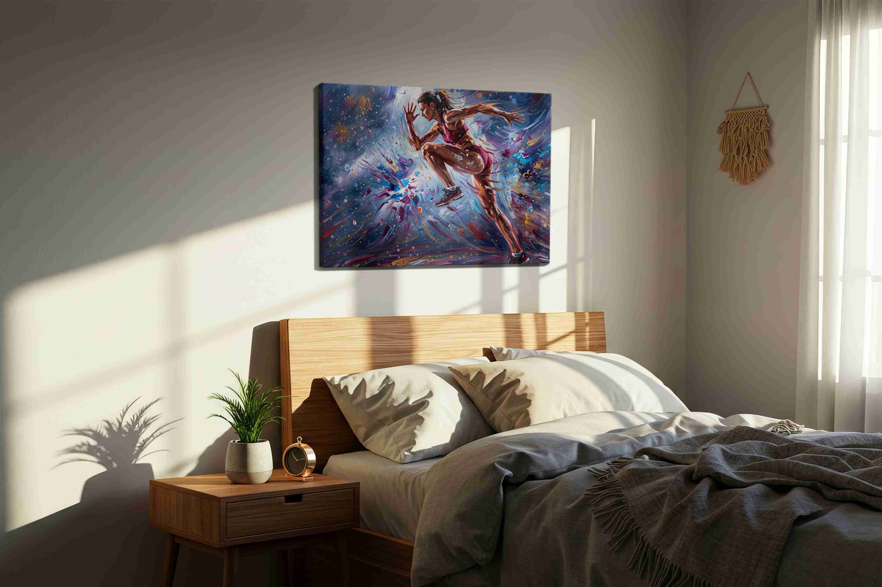 Whirlwind Athlete sports canvas print, displayed in a bedroom