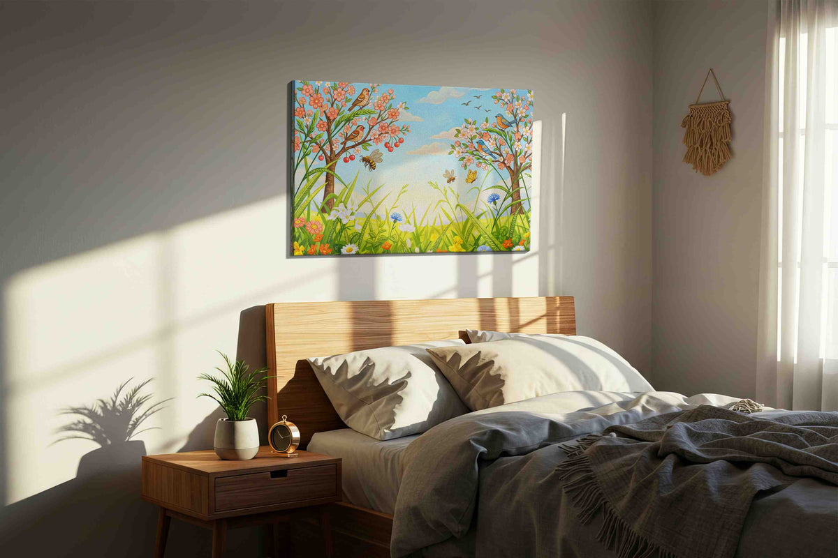 Whispers of Springtime Meadows spring canvas print, displayed in a bedroom