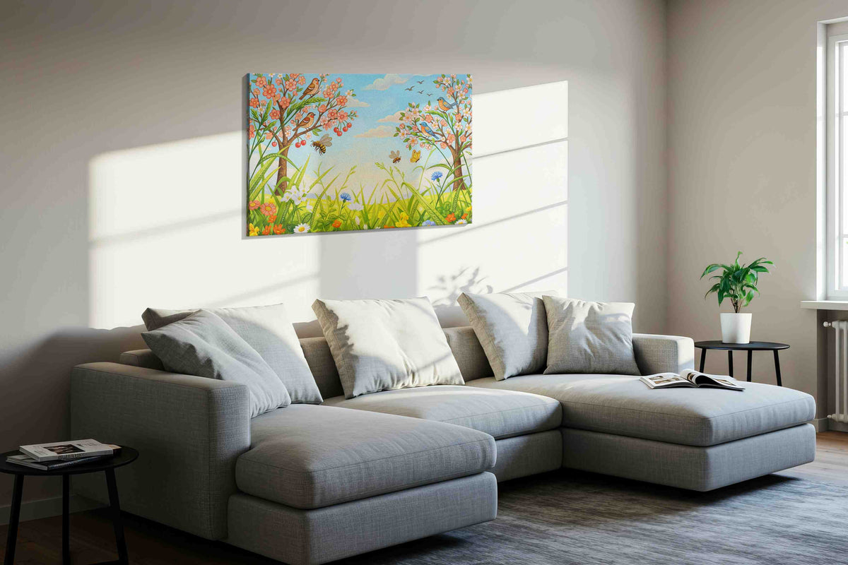 Whispers of Springtime Meadows spring canvas print, displayed in a living room