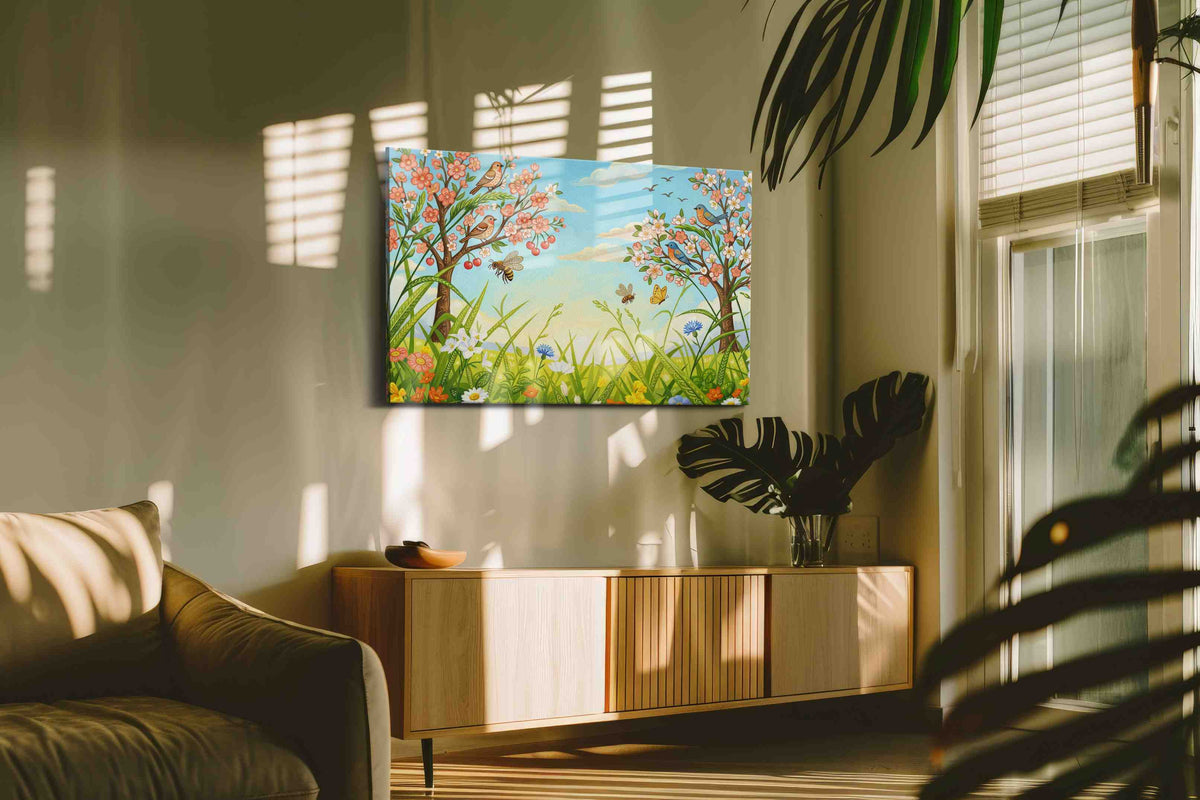 Whispers of Springtime Meadows spring canvas print in a hung canvas mockup