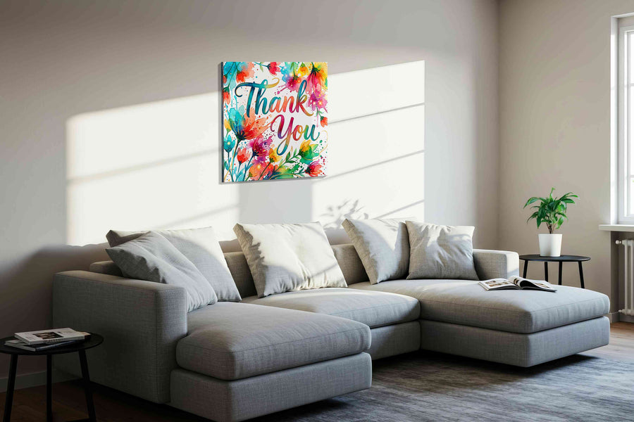 Floral Gratitude Symphony motivational canvas print, displayed in a living room