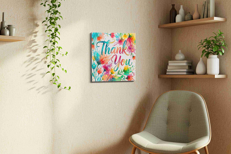 Floral Gratitude Symphony motivational canvas print styled in a living room