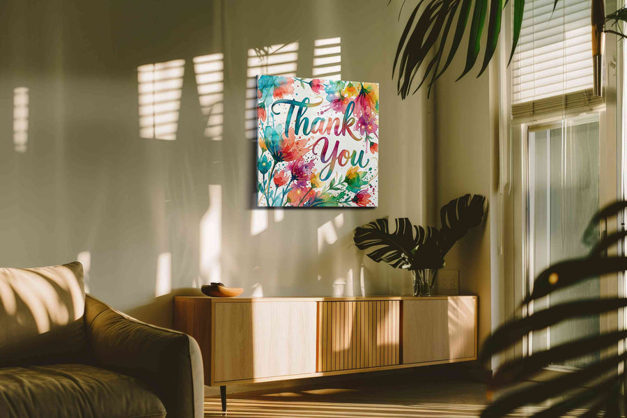 Floral Gratitude Symphony motivational canvas print in a hung canvas mockup