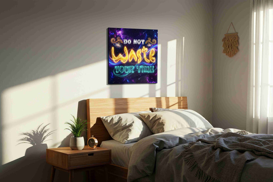 Galactic Timekeeper motivational canvas print, displayed in a bedroom