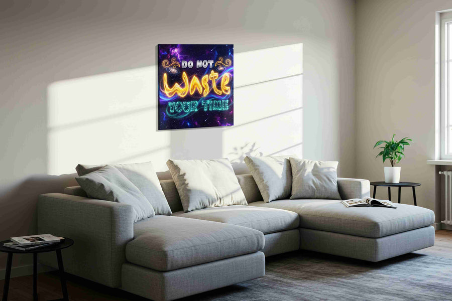 Galactic Timekeeper motivational canvas print, displayed in a living room