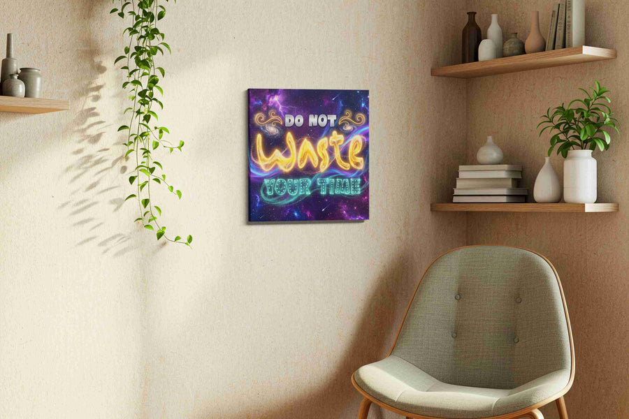 Galactic Timekeeper motivational canvas print in a living room scene