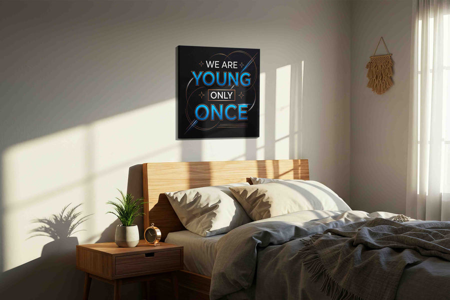 Vibrant Echoes of Youth motivational canvas print, displayed in a bedroom