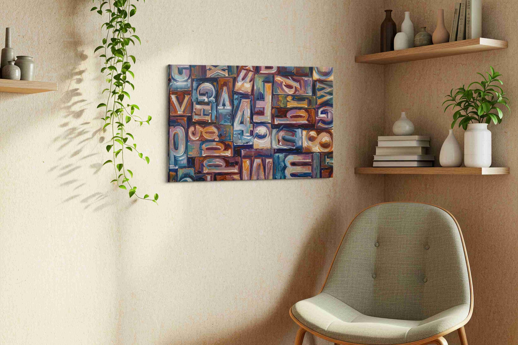 Whirling Letters Symphony typography canvas print styled in a living room