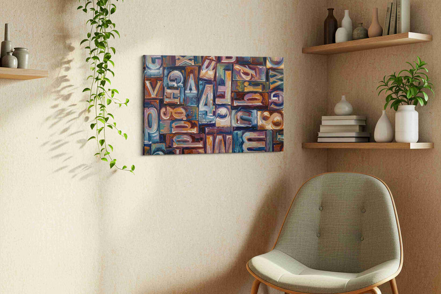 Whirling Letters Symphony typography canvas print styled in a living room