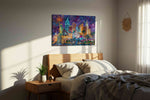 Ethereal Urban Symphony landmarks canvas print, displayed in a bedroom
