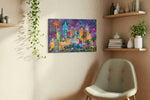 Ethereal Urban Symphony landmarks canvas print styled in a living room