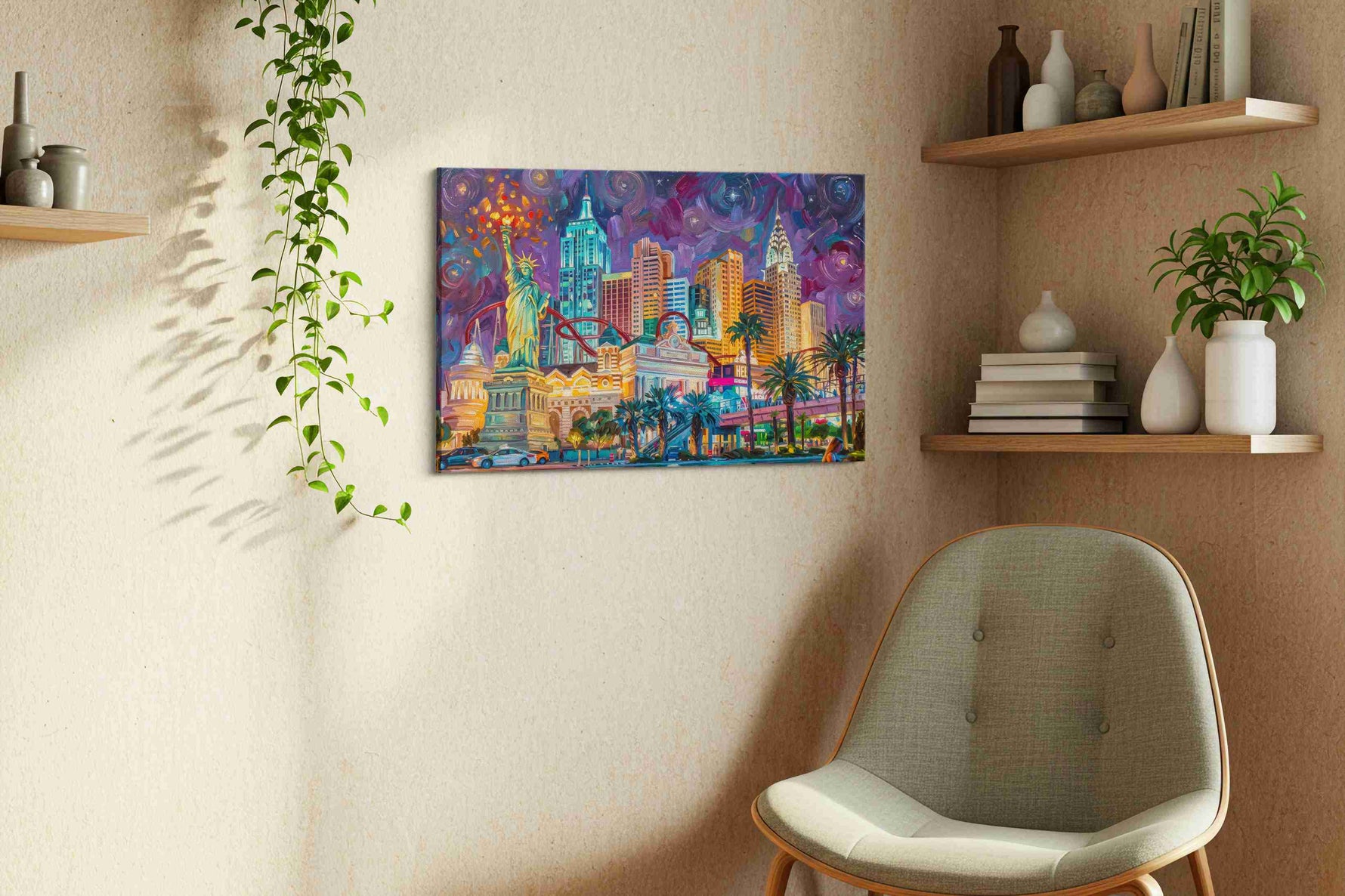 Ethereal Urban Symphony landmarks canvas print styled in a living room