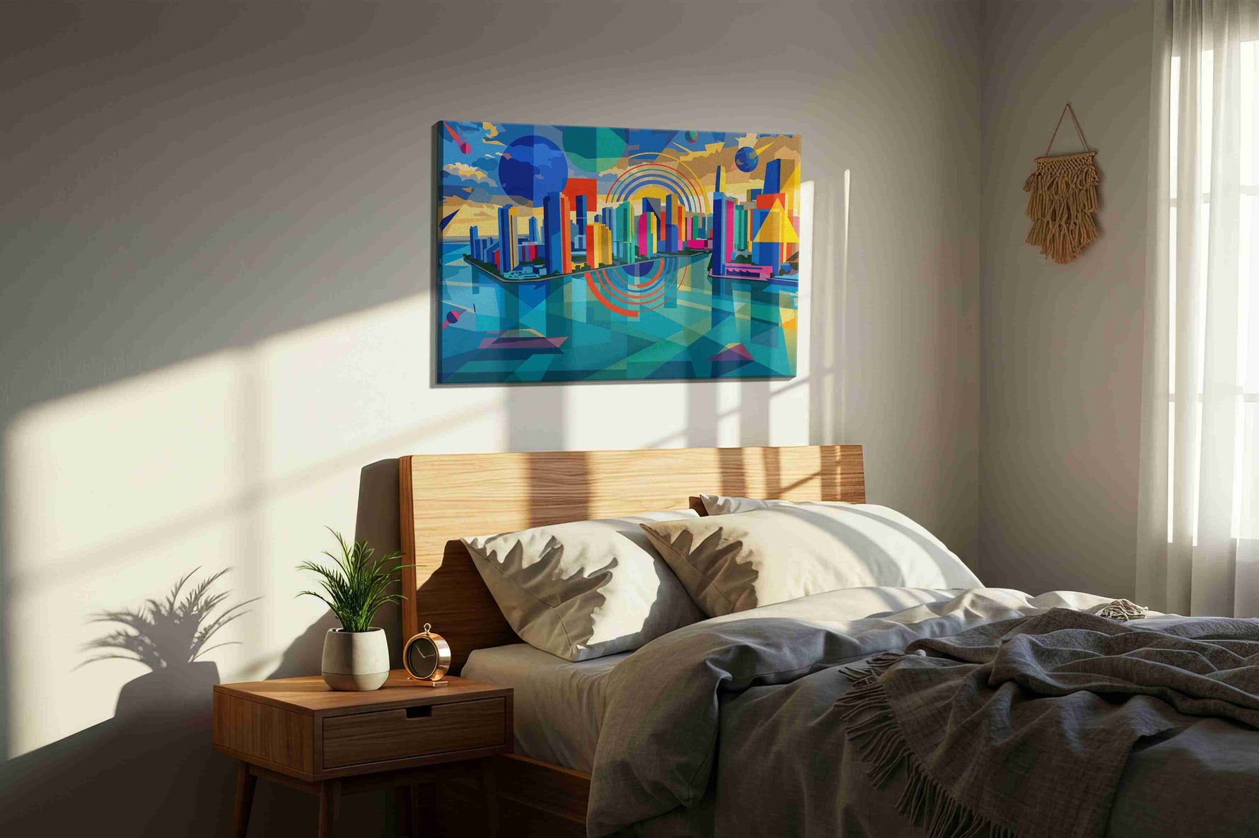 Neon Metropolis Mirage modern canvas print, displayed in a bedroom