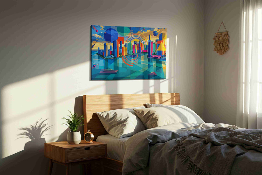 Neon Metropolis Mirage modern canvas print, displayed in a bedroom