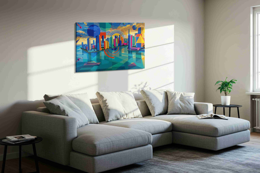 Neon Metropolis Mirage modern canvas print, displayed in a living room