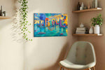Neon Metropolis Mirage modern canvas print styled in a living room