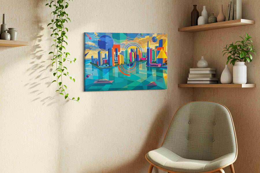 Neon Metropolis Mirage modern canvas print styled in a living room