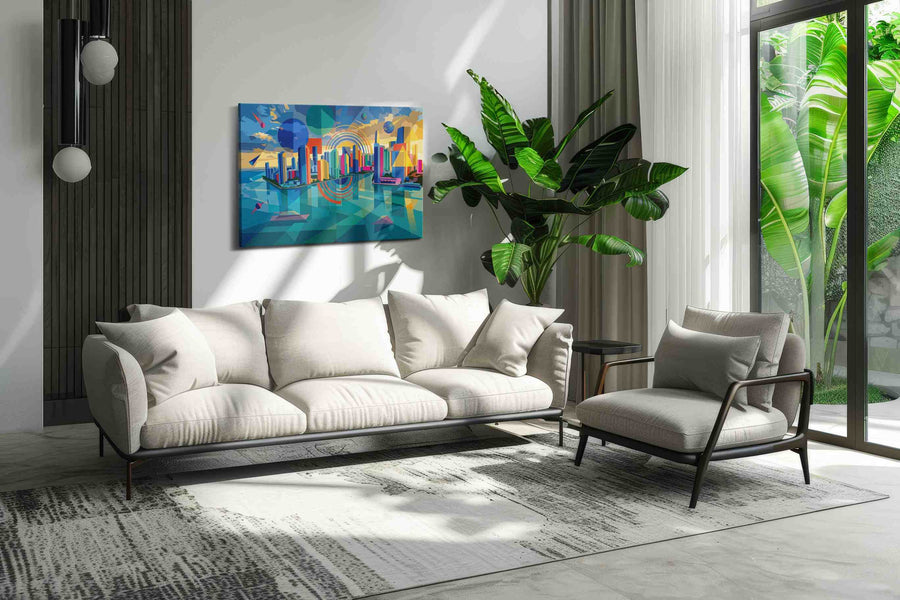 Neon Metropolis Mirage modern canvas print, on wall, lifestyle preview