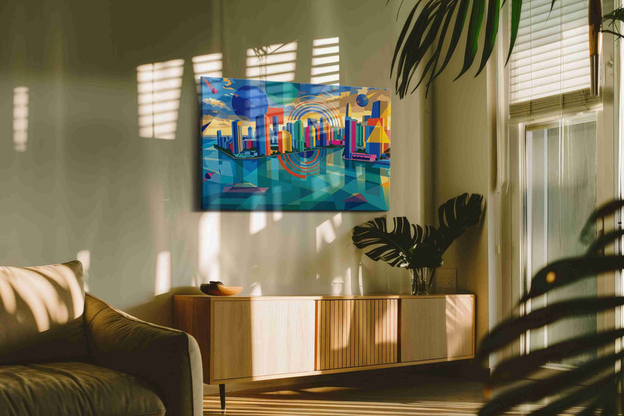 Neon Metropolis Mirage modern canvas print in a contemporary interior mockup