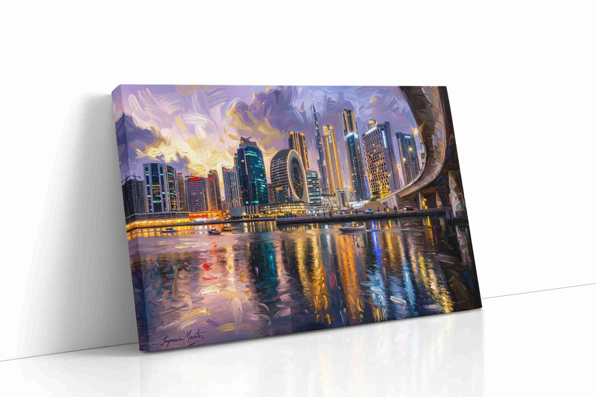 Neon Reflections of the City urban canvas print gallery-wrapped landscape canvas studio shot